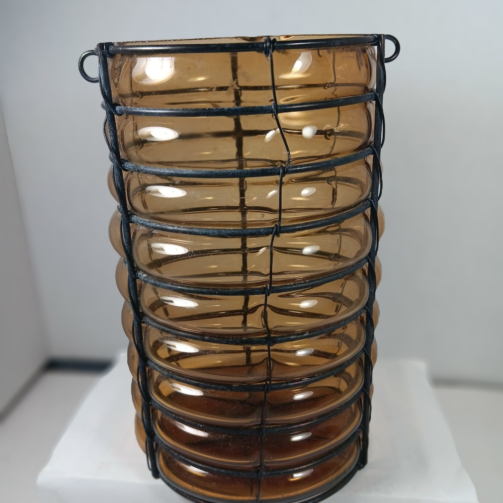 Amber Glass Vase with Black Metal Frame